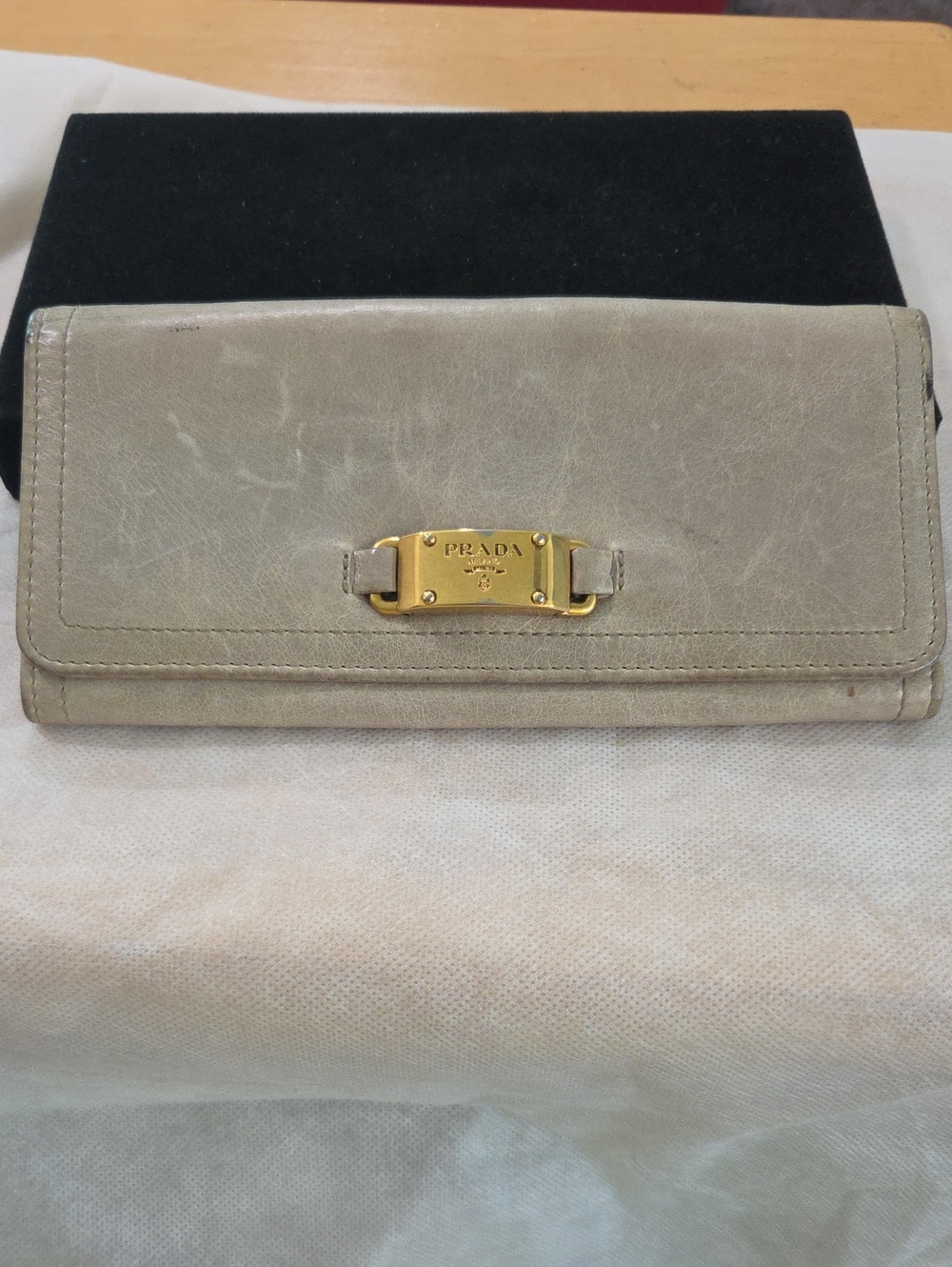 Prada Taupe Leather Continental Wallet with Gold Plaque